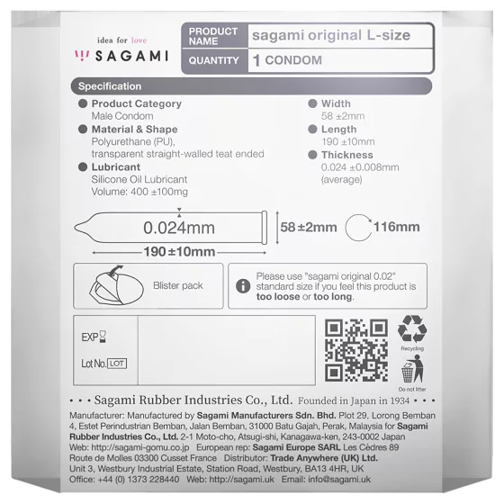 Sagami Original 0,02 L - kondom - 58 mm - 1 ks