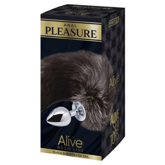 Alive Anal Pleasure - střední anální dildo s liščím ohonem (stříbrno-černé)