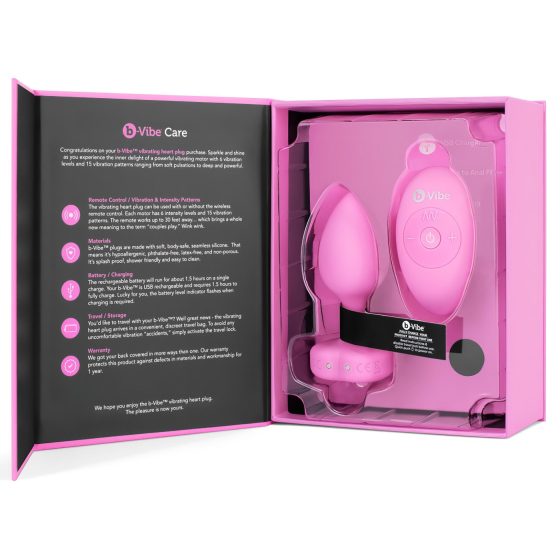 b-vibe heart - dobíjecí, dálkový anální vibrátor (růžový)