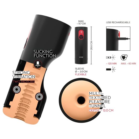 WYNE 07 - masturbátor s vibrací a sáním - akumulátorový - černý
