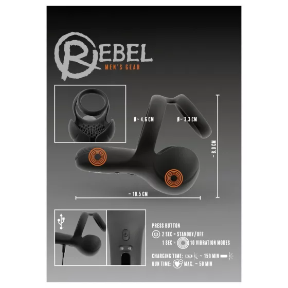 Rebel - vibrační kroužek na penis s dráždidlem varlat a hráze (černý)