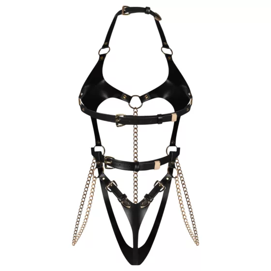 Obsessive Anyya - body s ramínky z imitace kůže s řetízky (černé)