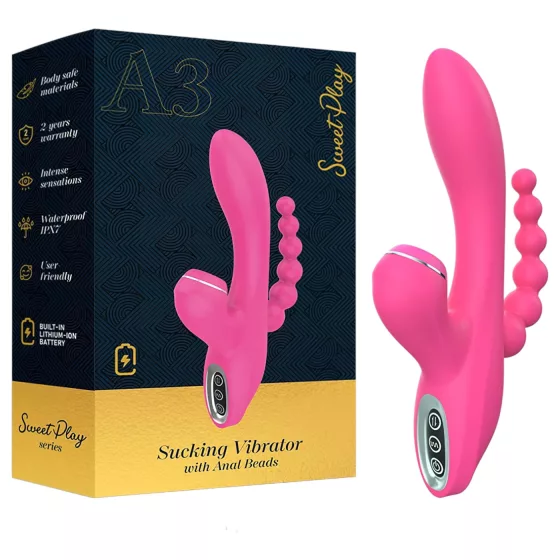 Erospace Sweet Play - vibrátor na bod G s anální sondou a sáním (růžový)