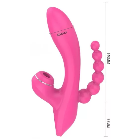 Erospace Sweet Play - vibrátor na bod G s anální sondou a sáním (růžový)
