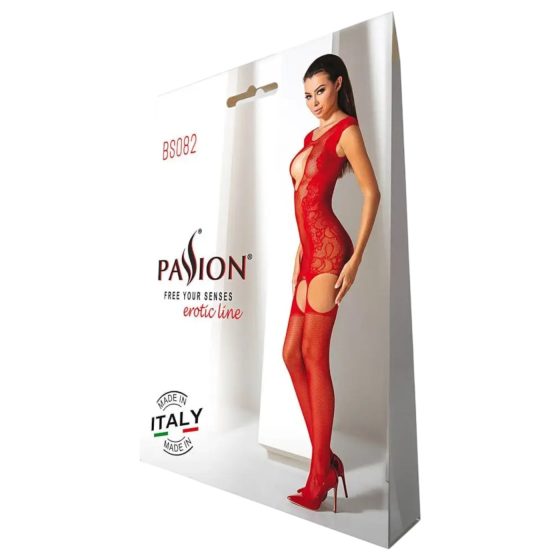 Passion BS082 - krajkový, bezrukávový síťovaný set - červený (S-L)