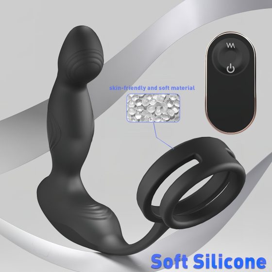Sex HD Virgil - vibrační anální kolík s kroužky na penis a varlata (černý)