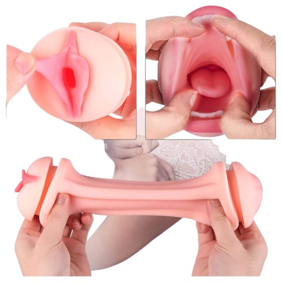 Vibeconnect - realistický masturbátor úst a kundičky (přírodní černá)