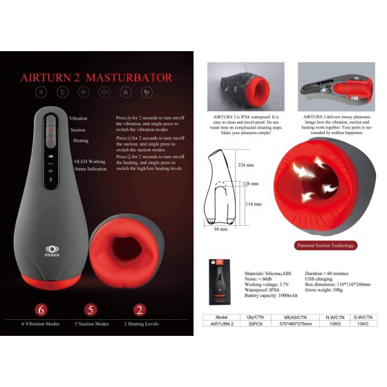 OTOUCH Airturn 2 - akumulátorový sací masturbátor (černý)