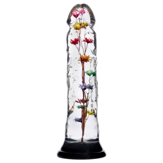 LOVISS Flower - skleněné dildo s květinovým vzorem (průhledné)