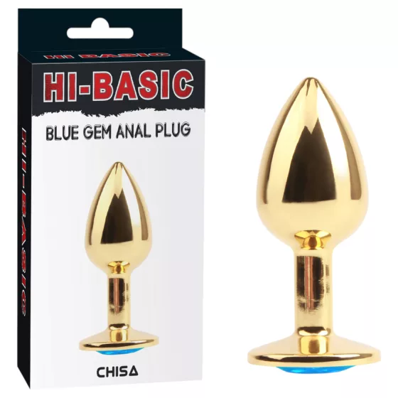 Hi-Basic Blue Gem - kovový anální kolík s modrým krystalem (zlatý)