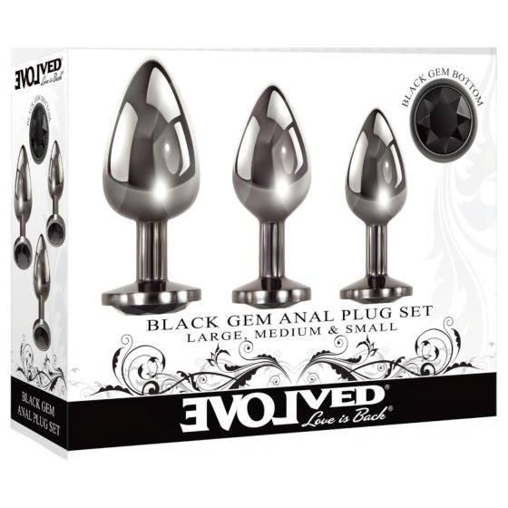 Evolved Black Gem - kovový anální kolík set s černým kamenem (stříbrný)