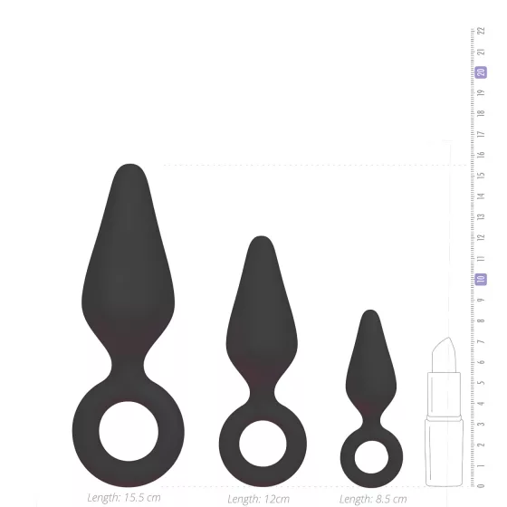 Easytoys - anální kolíky se silikonovým kroužkem - sada 3 ks - černé