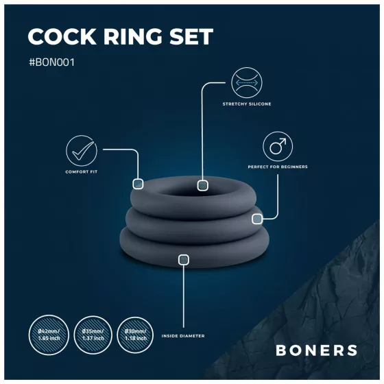 Boners - sada erekčních kroužků na penis - 3 ks - šedá