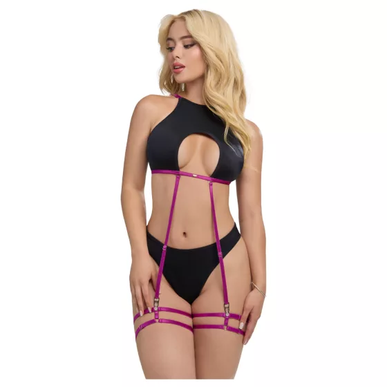 Zôf Zara - top s průstřihy a tanga s podvazkovými pásky (černé) - L/XL