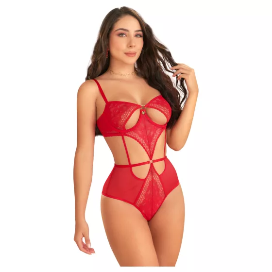 Zôf Ruby - krajkové body s průstřihy a nastavitelnými ramínky (červené)