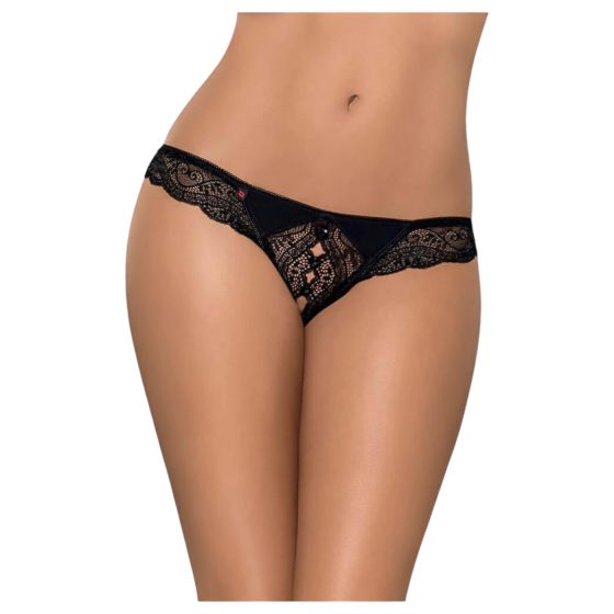 Obsessive Miamor - dámská krajková tanga s kamínky a otevřeným designem (černá)