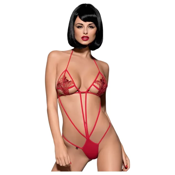 Obsessive Luiza - červené body s ramínky a tulipánovým vzorem (S/M)