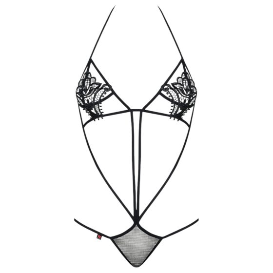 Obsessive - dámské body s pásky a tulipánovým vzorem - černé S/M